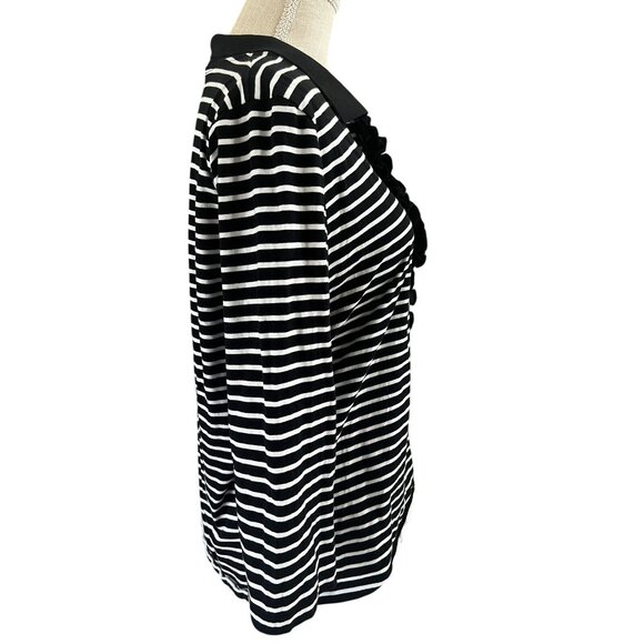 Jones New York Black/White Striped 3/4 Sleeve Polo Shirt W/Ruffle Detail XL - Picture 3 of 8